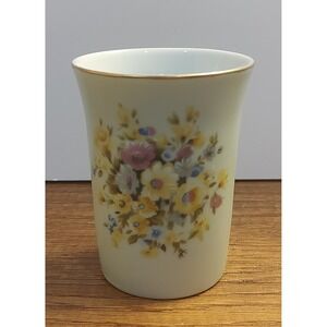 Vtg LEFTON Pale Green Yellow Flowered Vanity Bathroom Drinking Cup Tumbler A17